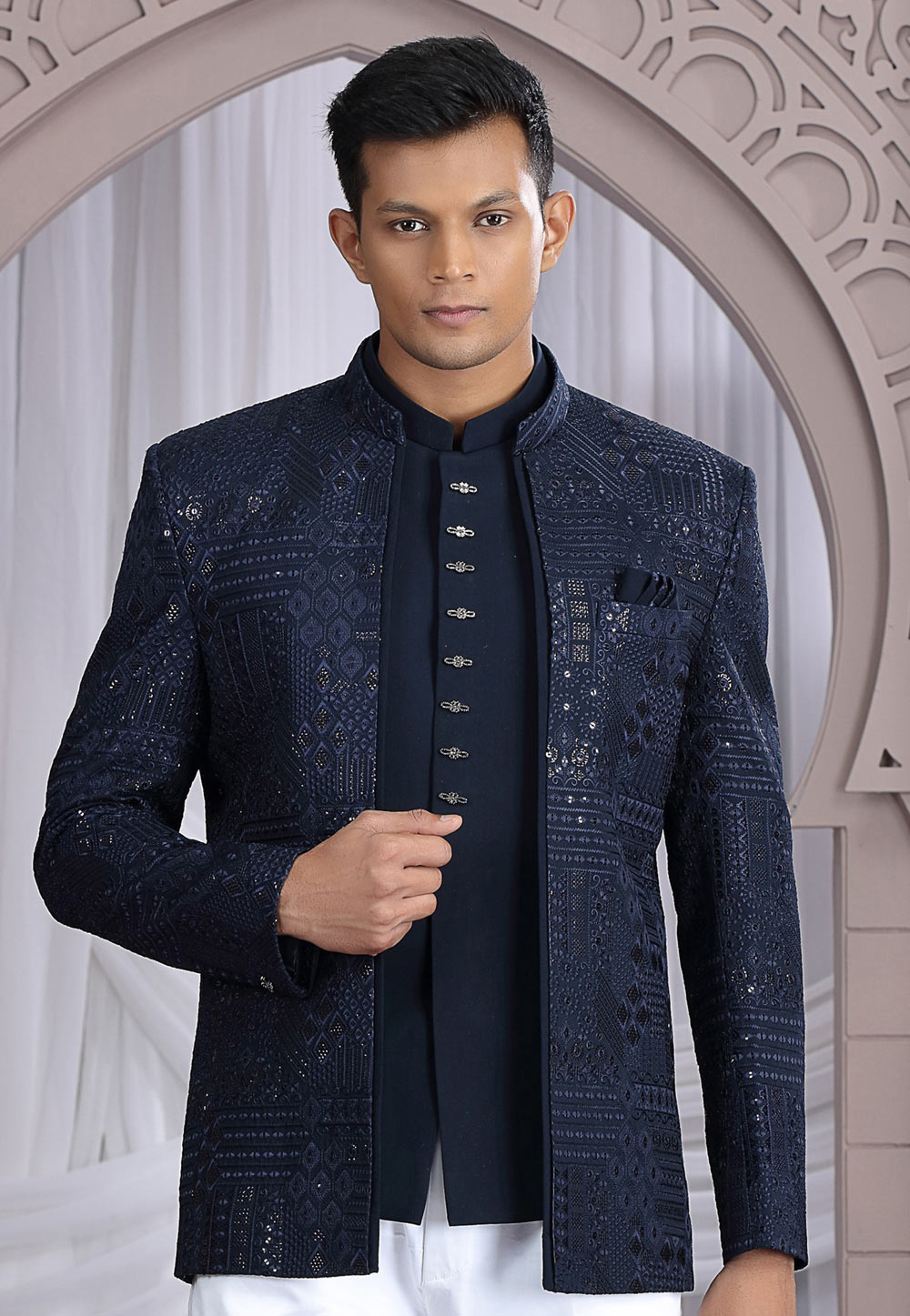 Navy Blue Art Silk Jodhpuri Suit 319141
