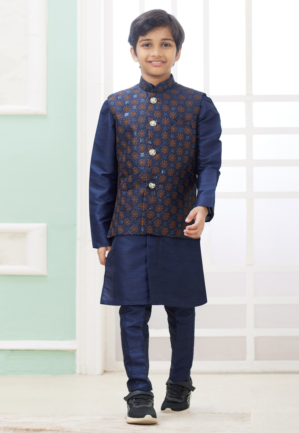 Navy Blue Art Silk Kids Kurta Pajama With Jacket 308586