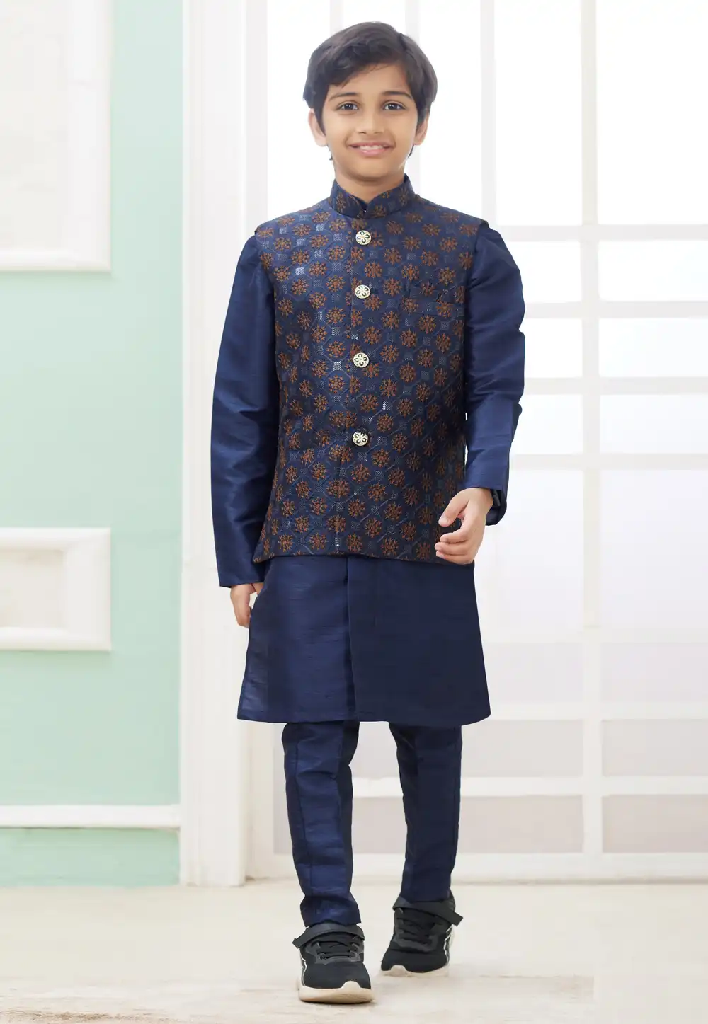 Navy Blue Art Silk Kids Kurta Pajama With Jacket 308586