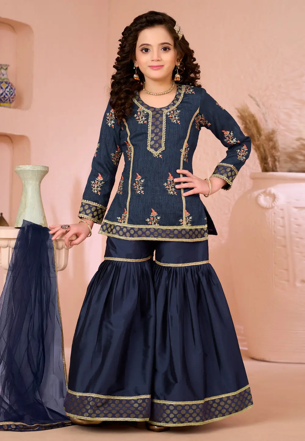 Navy Blue Art Silk Kids Sharara Suit 334333