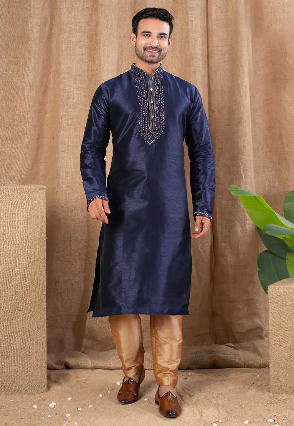 Navy Blue Art Silk Kurta Pajama 316432
