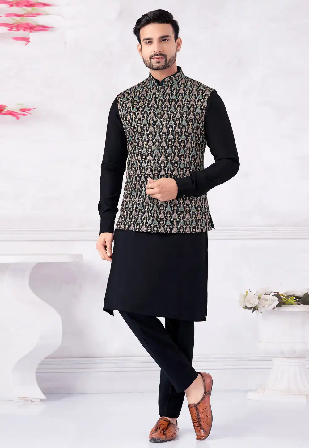 Navy Blue Art Silk Kurta Pajama With Jacket 322295