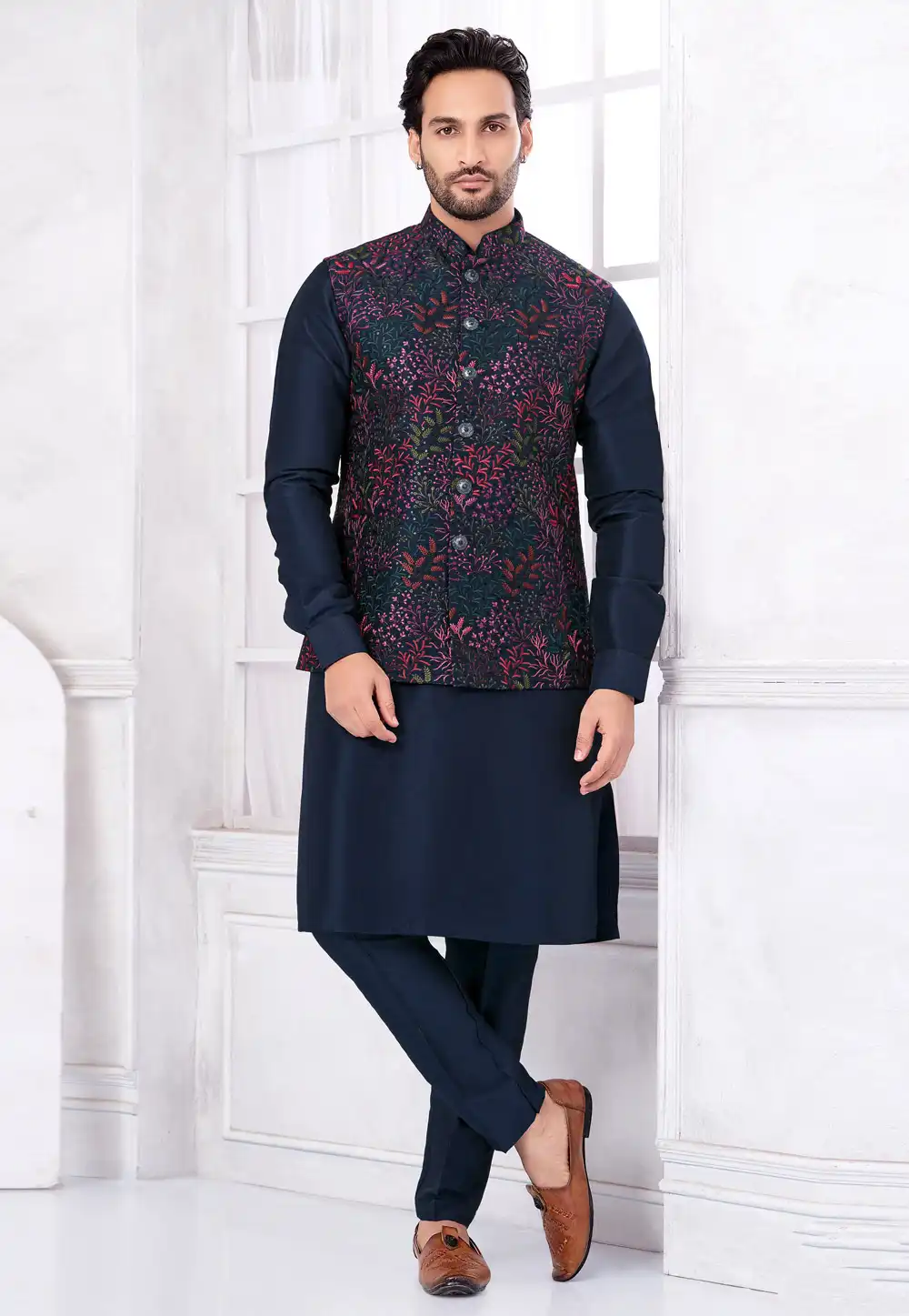 Navy Blue Art Silk Kurta Pajama With Jacket 322321