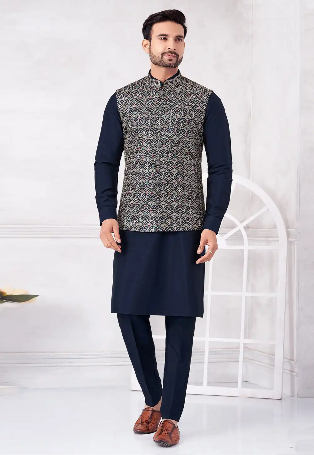 Navy Blue Art Silk Kurta Pajama With Jacket 322336