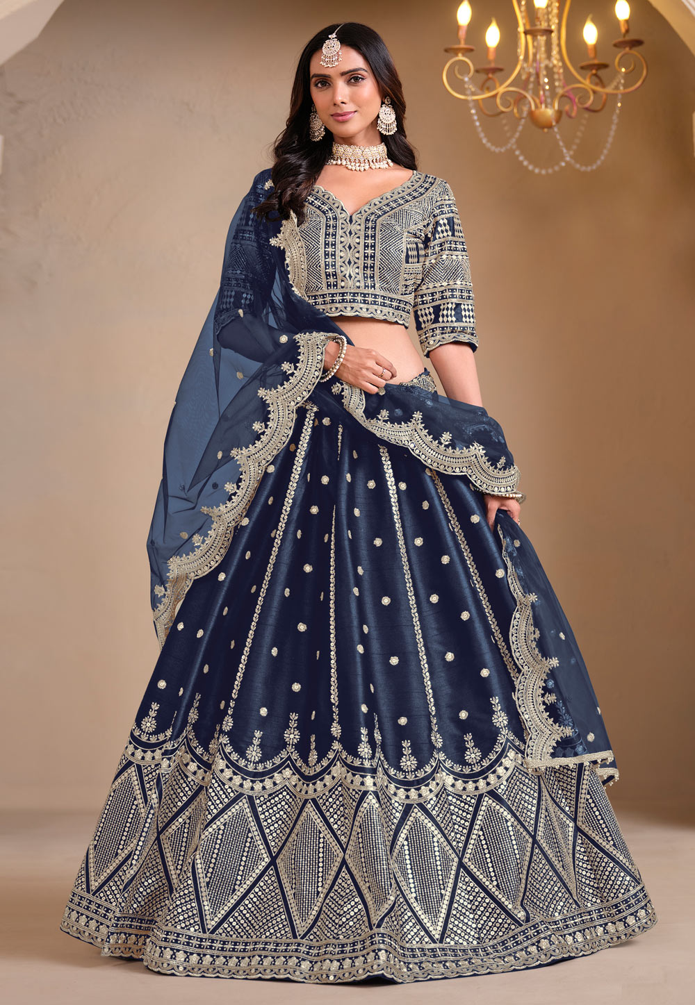 Navy Blue Art Silk Lehenga Choli 305737