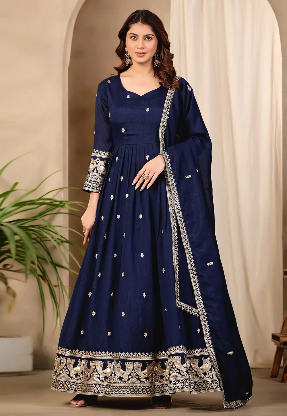 Navy Blue Art Silk Readymade Anarkali Suit 334873