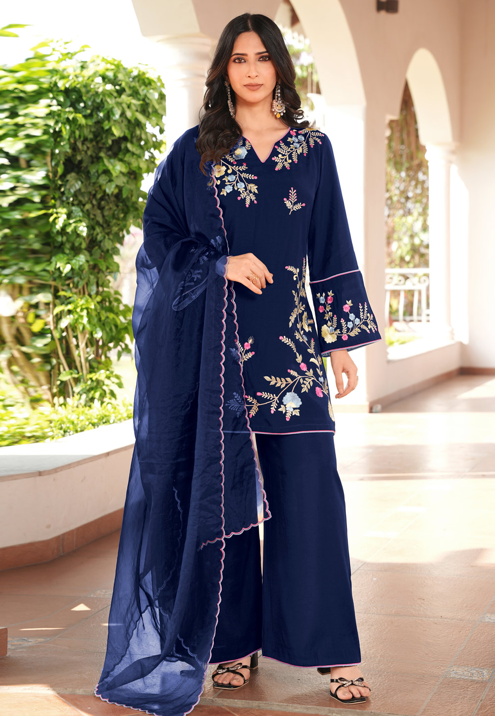 Navy Blue Art Silk Readymade Palazzo Suit 325038