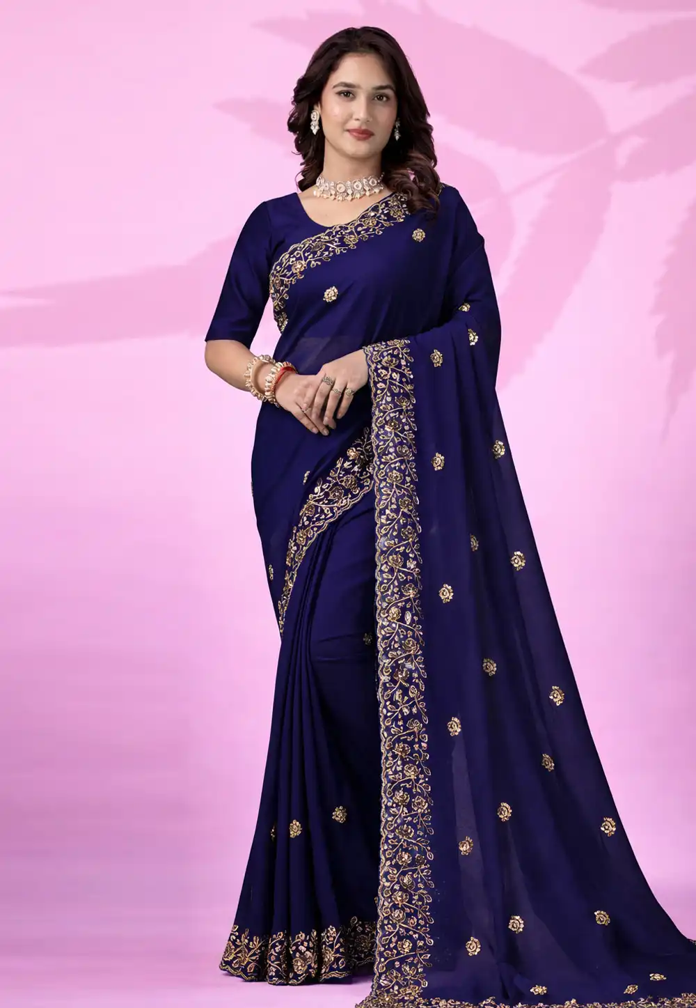 Navy Blue Art Silk Saree With Blouse 326537