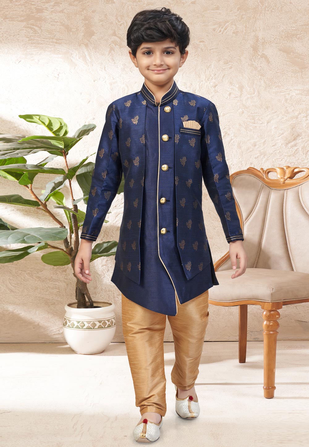 Navy Blue Banarasi Jacquard Kids Indo Western Suit 324258