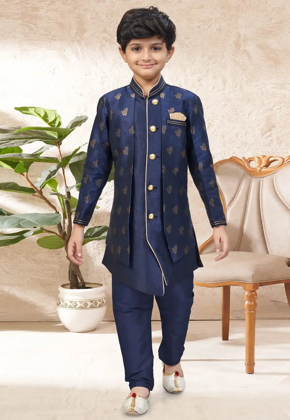 Navy Blue Banarasi Jacquard Kids Indo Western Suit 328716