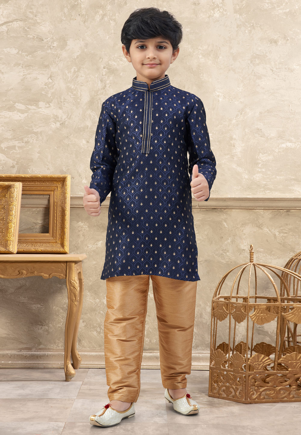 Navy Blue Banarasi Jacquard Kids Kurta Pajama 324285