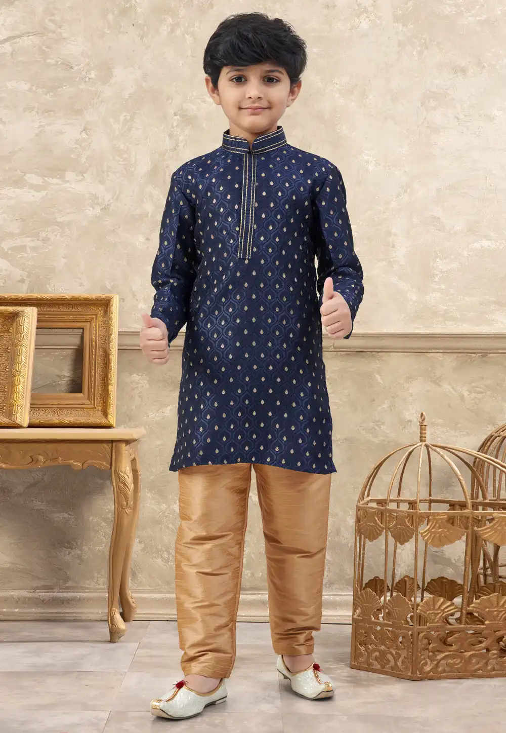 Navy Blue Banarasi Jacquard Kids Kurta Pajama 324285