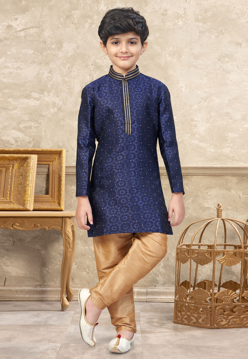 Navy Blue Banarasi Jacquard Kids Kurta Pajama 324289