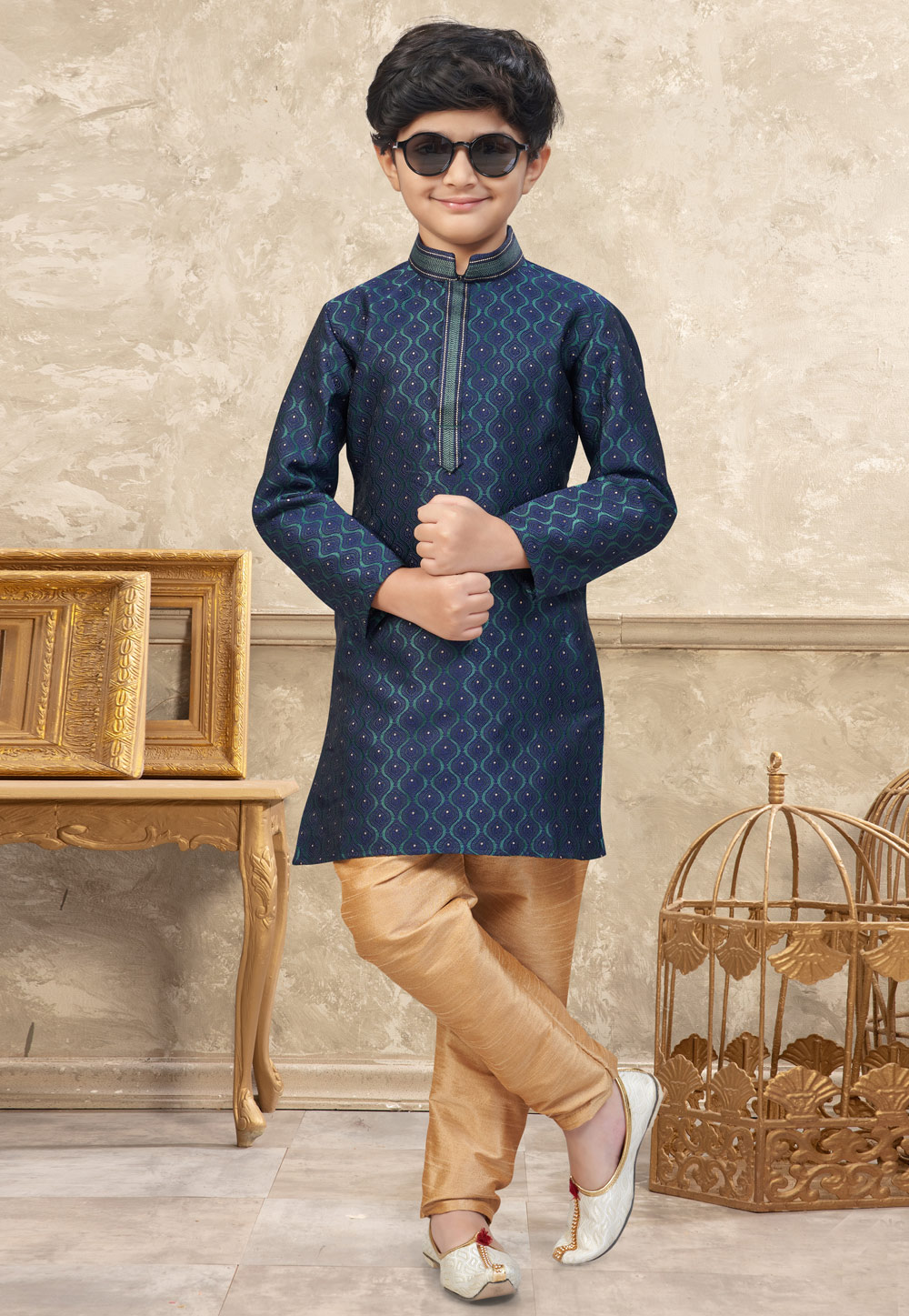 Navy Blue Banarasi Jacquard Kids Kurta Pajama 324294