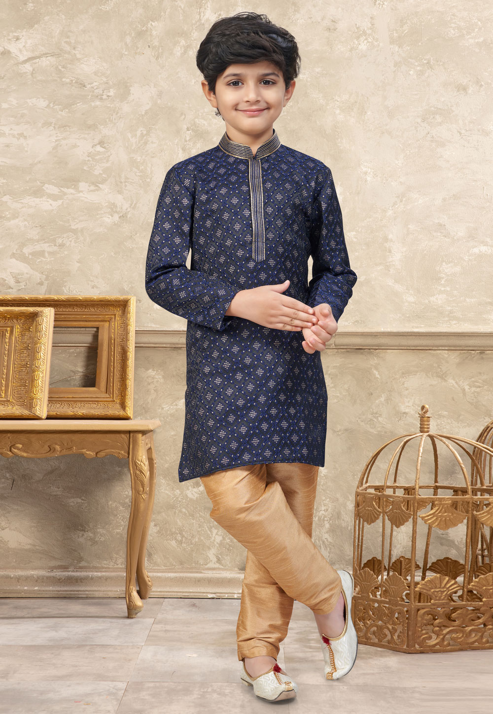 Navy Blue Banarasi Jacquard Kids Kurta Pajama 328721