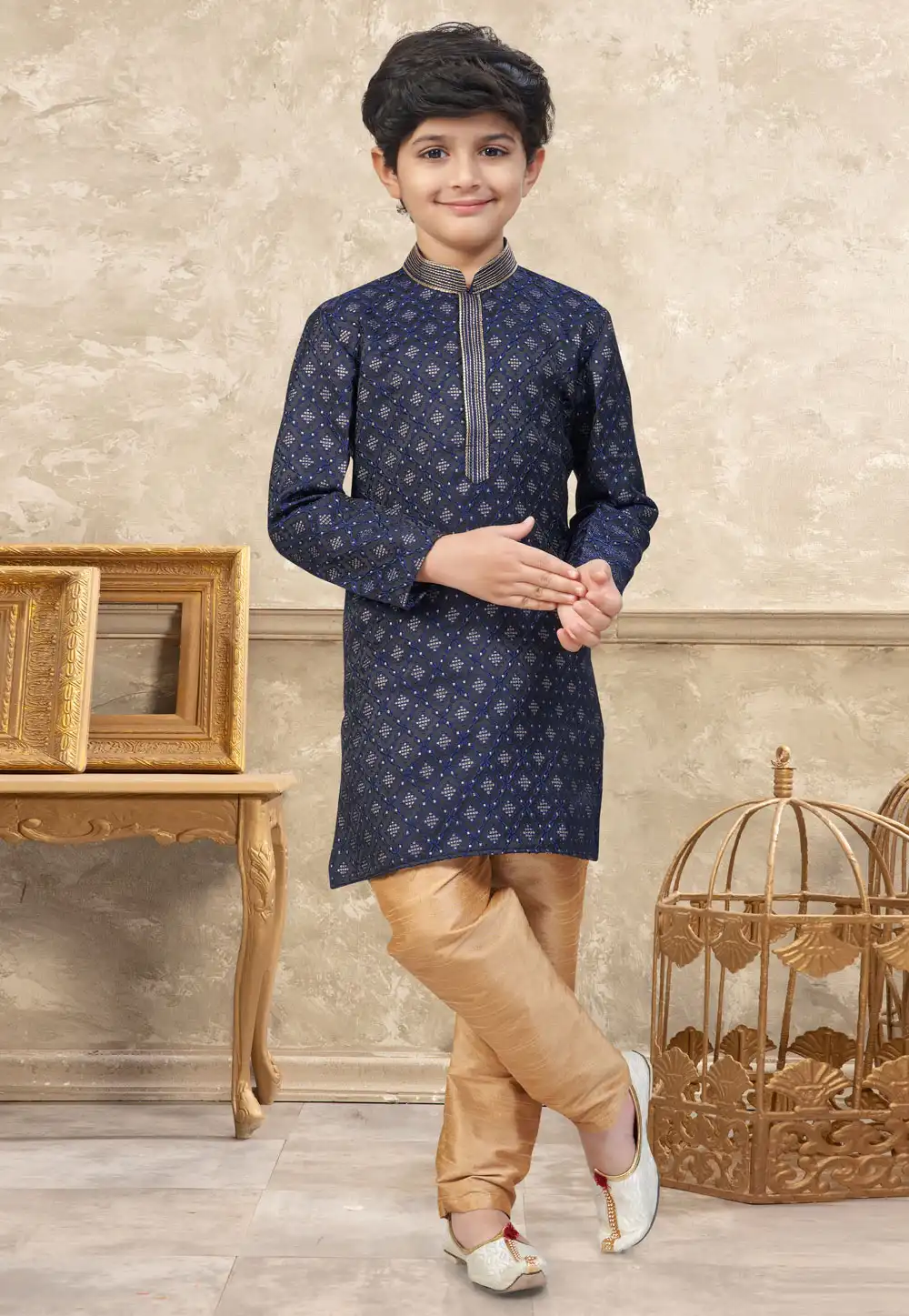 Navy Blue Banarasi Jacquard Kids Kurta Pajama 328721