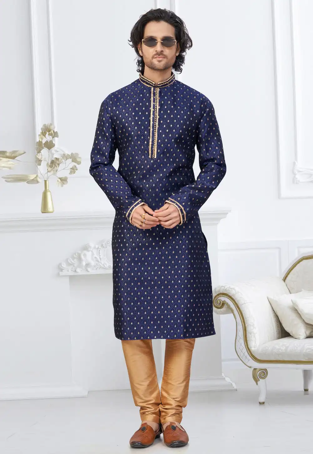 Navy Blue Banarasi Jacquard Kurta Pajama 317847