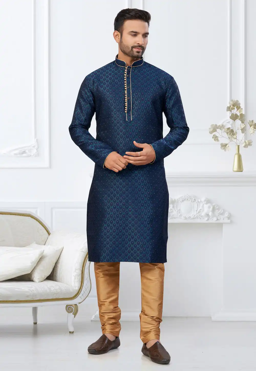Navy Blue Banarasi Jacquard Kurta Pajama 317850