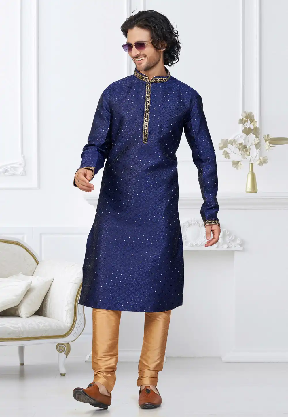 Navy Blue Banarasi Jacquard Kurta Pajama 317861