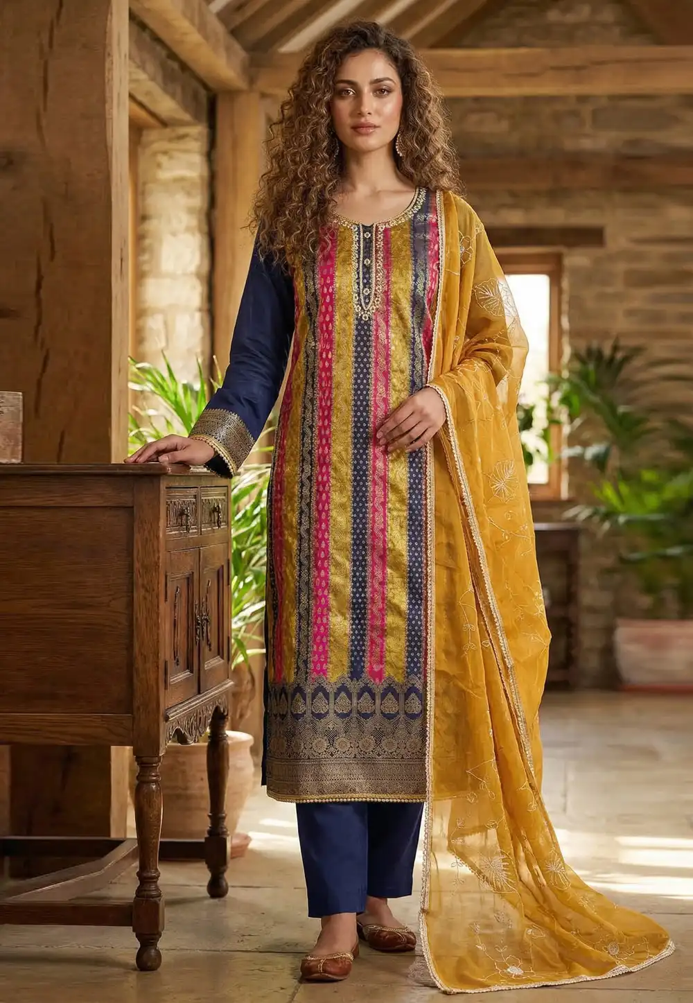Navy Blue Banarasi Jacquard Pant Style Suit 326106