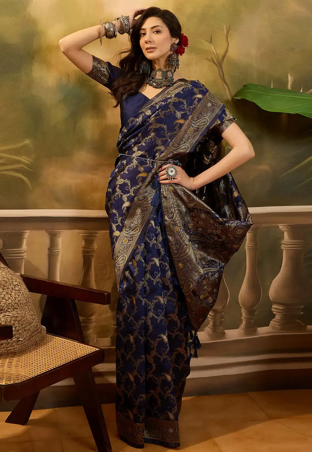 Navy Blue Banarasi Jacquard Saree 316766