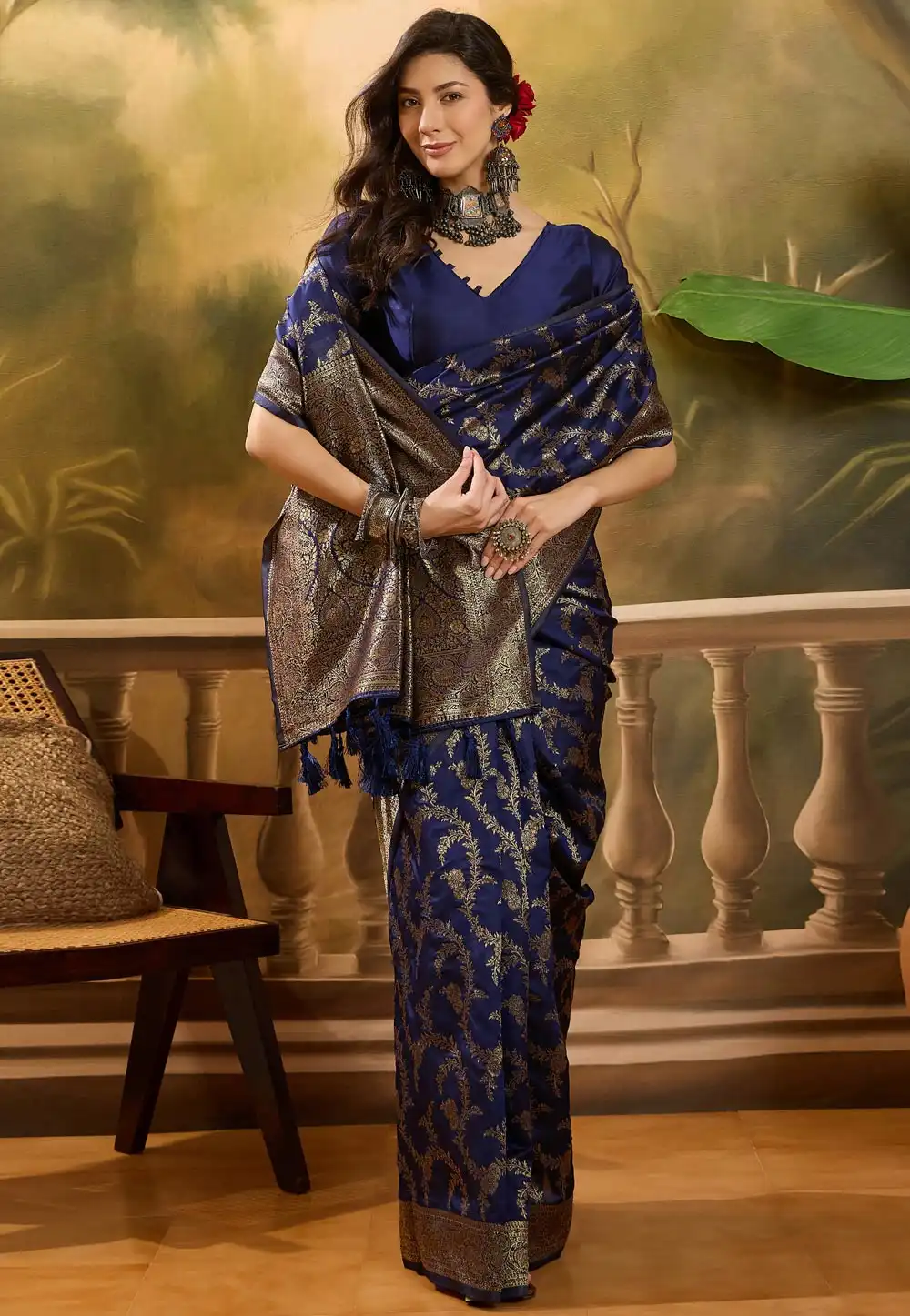 Navy Blue Banarasi Jacquard Saree 316796