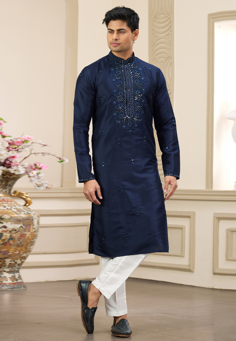 Navy Blue Banarasi Kurta Pajama 308573