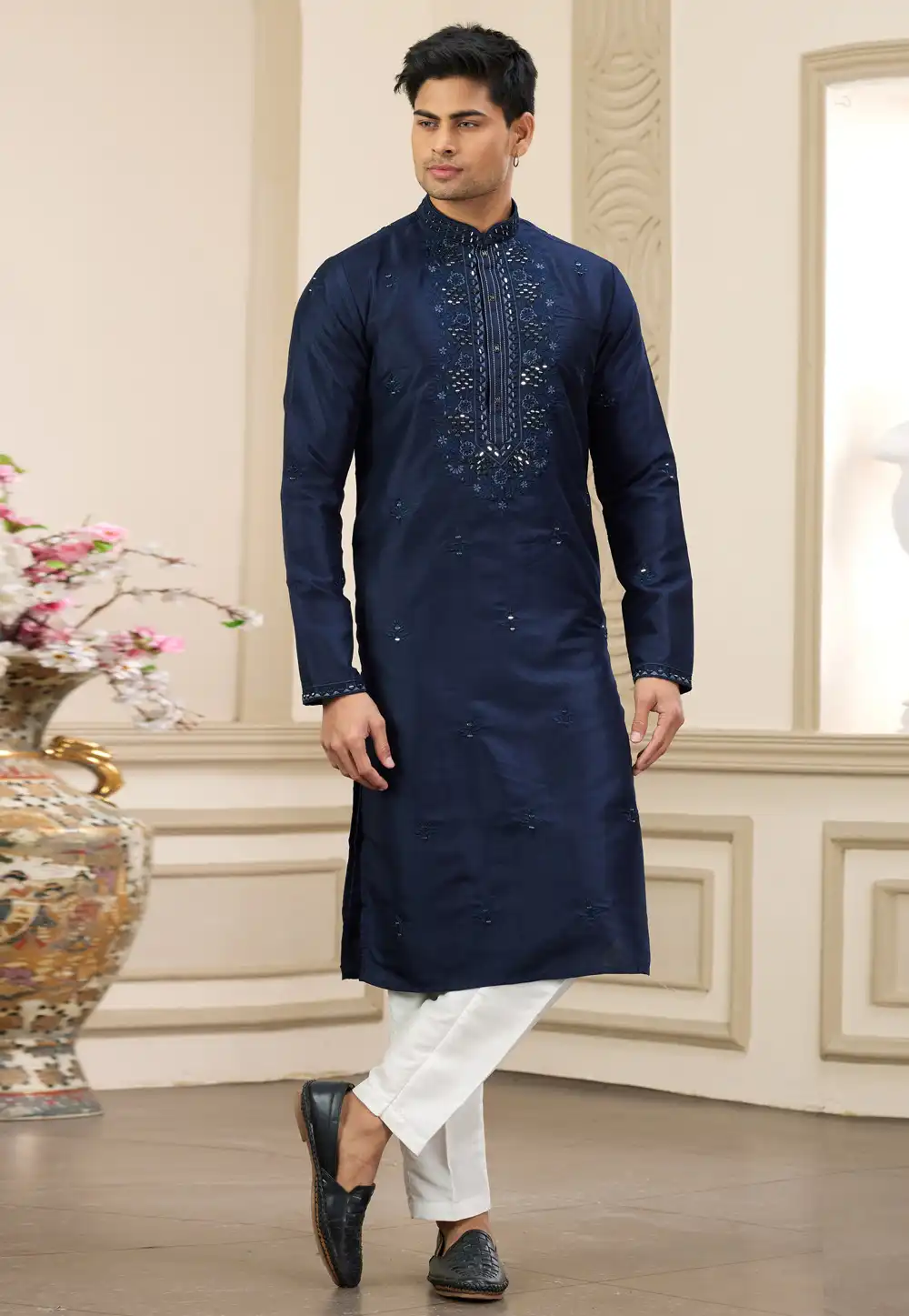 Navy Blue Banarasi Kurta Pajama 308573
