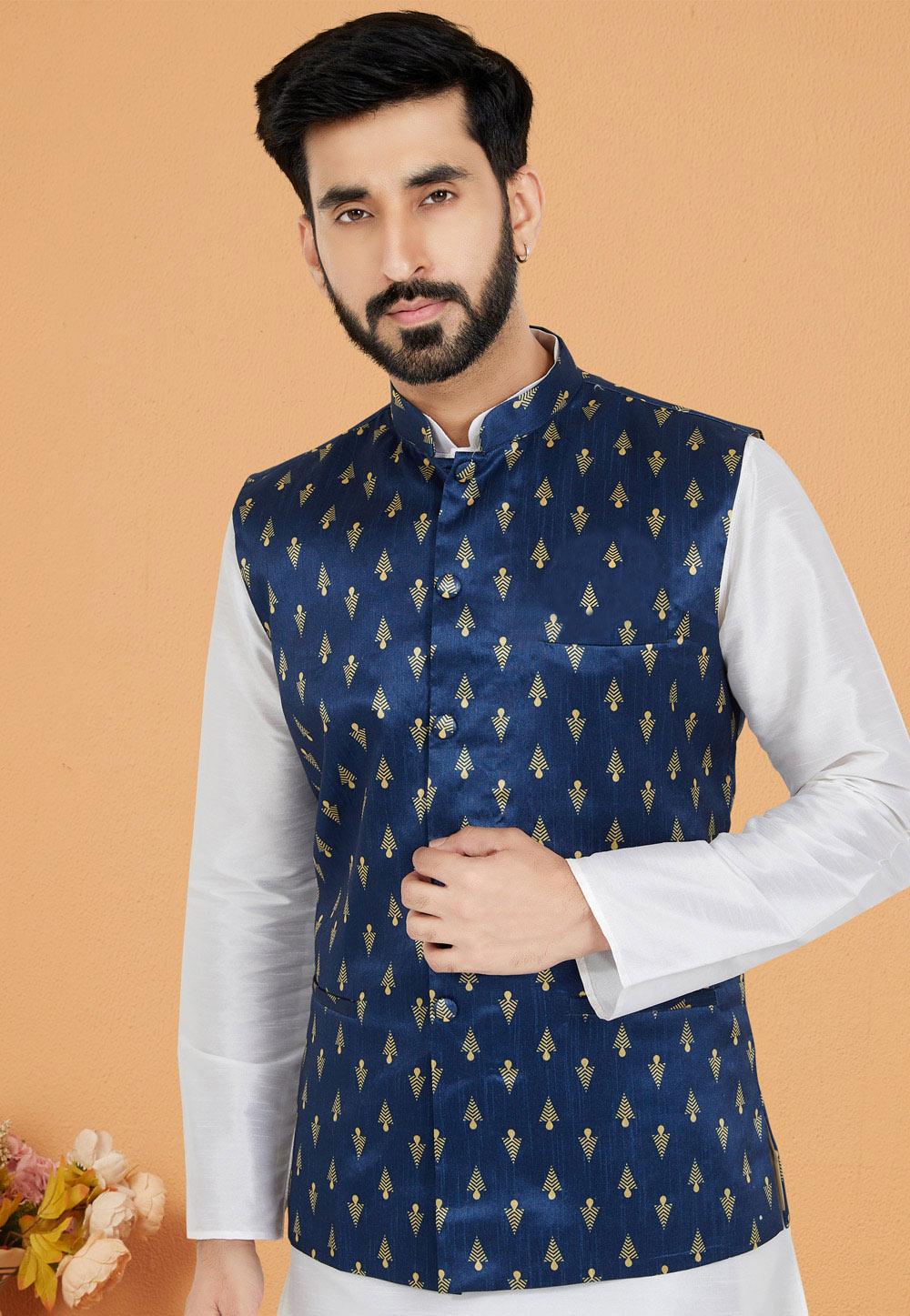 Navy Blue Banarasi Nehru Jacket 286738