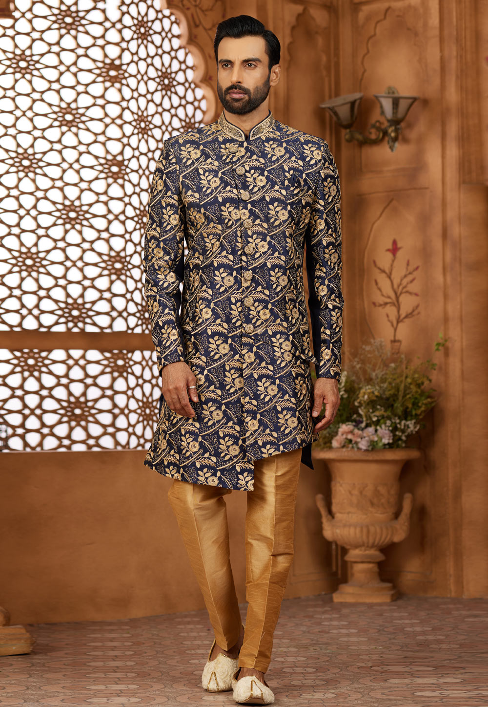 Navy Blue Banarasi Silk Indo Western Sherwani 306699