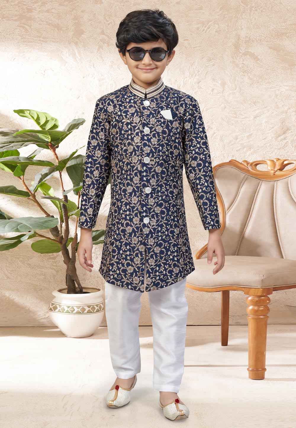 Navy Blue Banarasi Silk Kids Indo Western Suit 324267