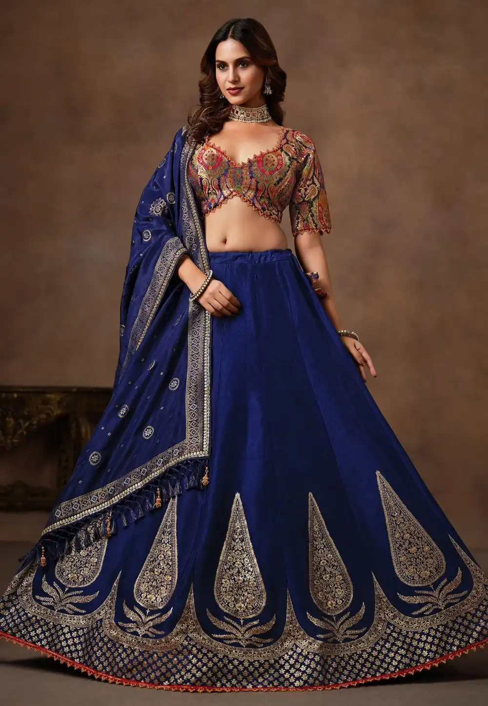 Navy Blue Banarasi Silk Lehenga Choli For Wedding 329136