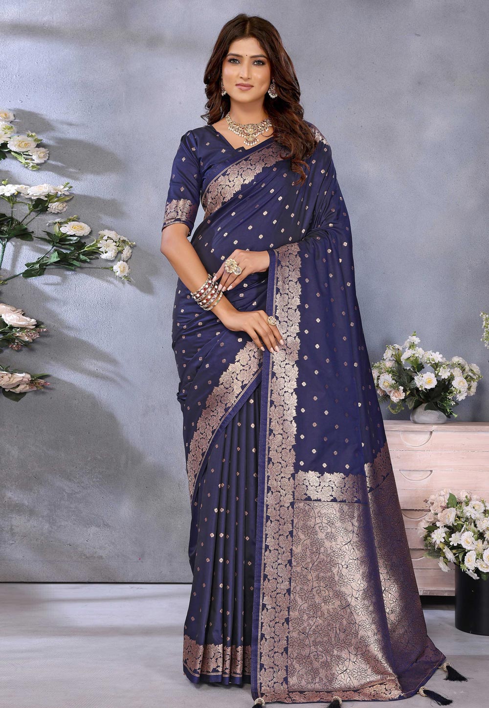 Navy Blue Banarasi Silk Saree 311615