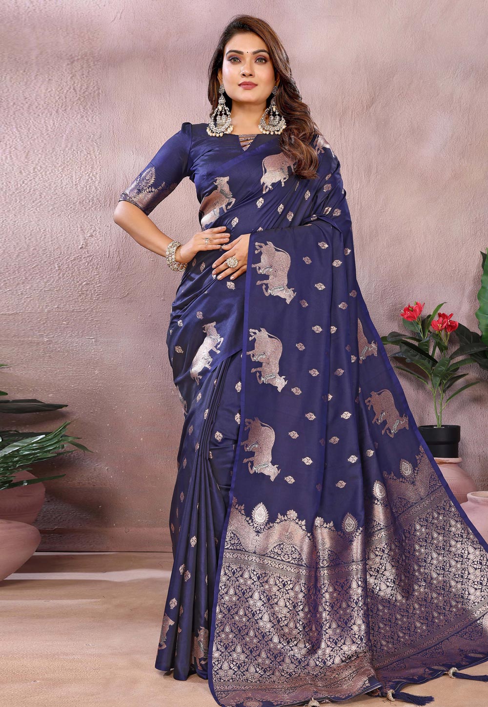 Navy Blue Banarasi Silk Saree 312661