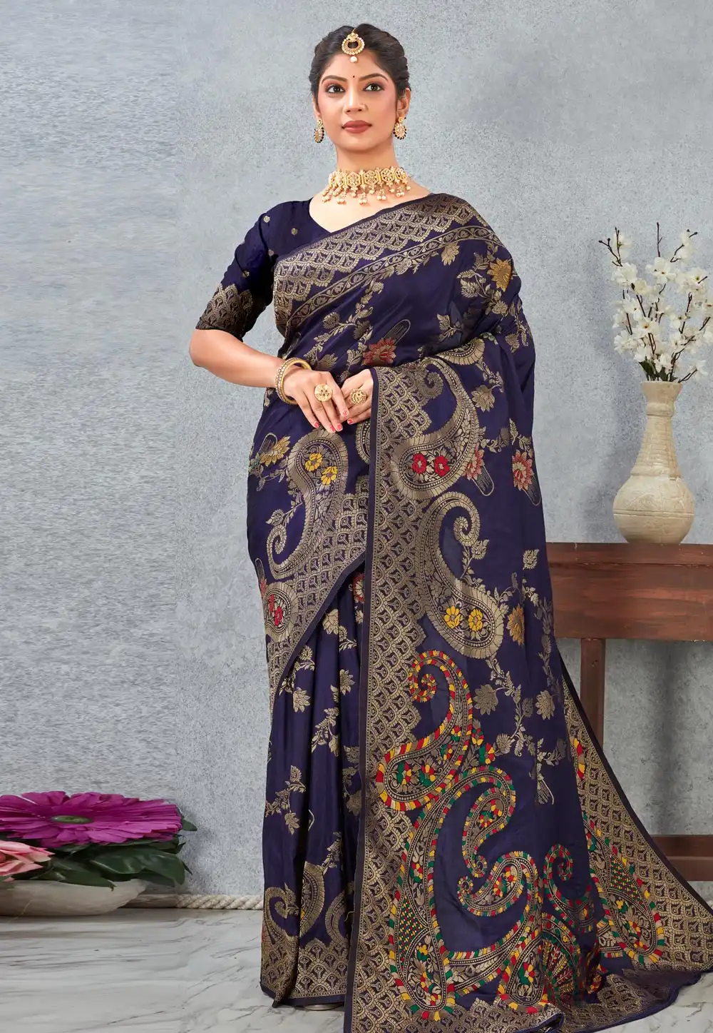 Navy Blue Banarasi Silk Saree 318192