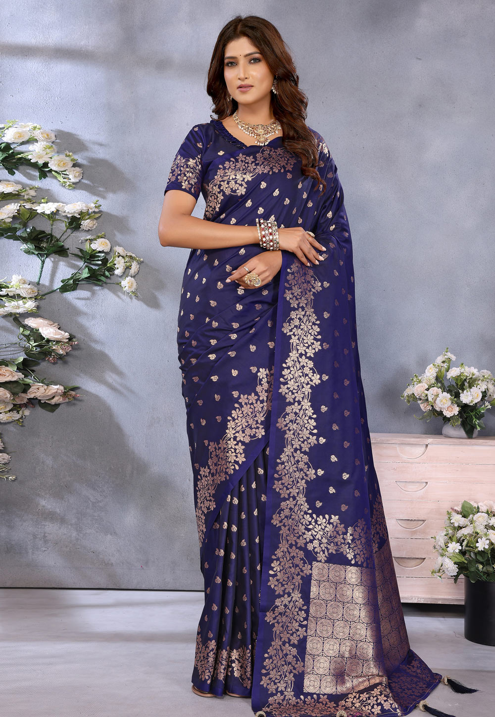 Navy Blue Banarasi Silk Saree 311447