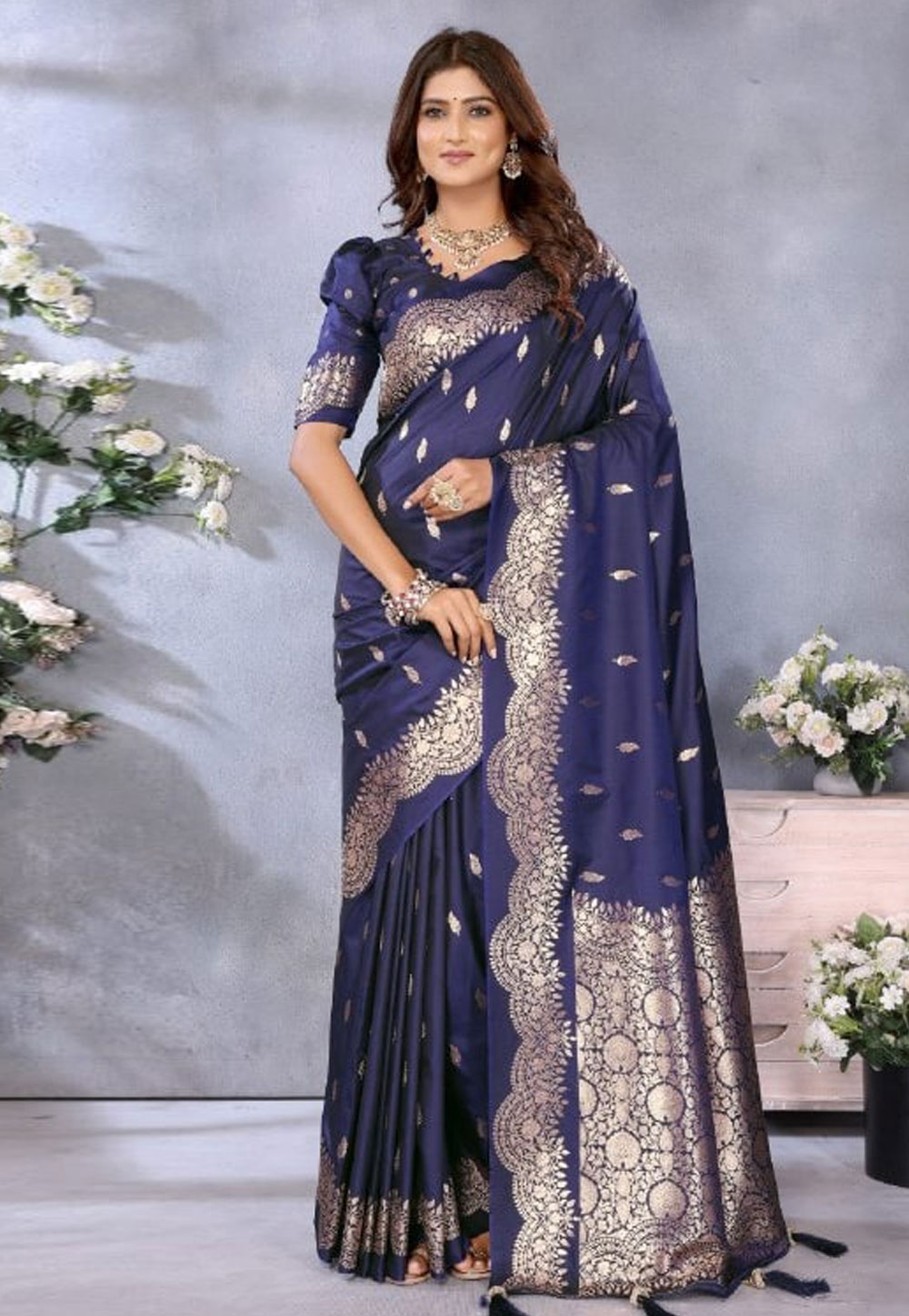 Navy Blue Banarasi Silk Saree With Blouse 311198