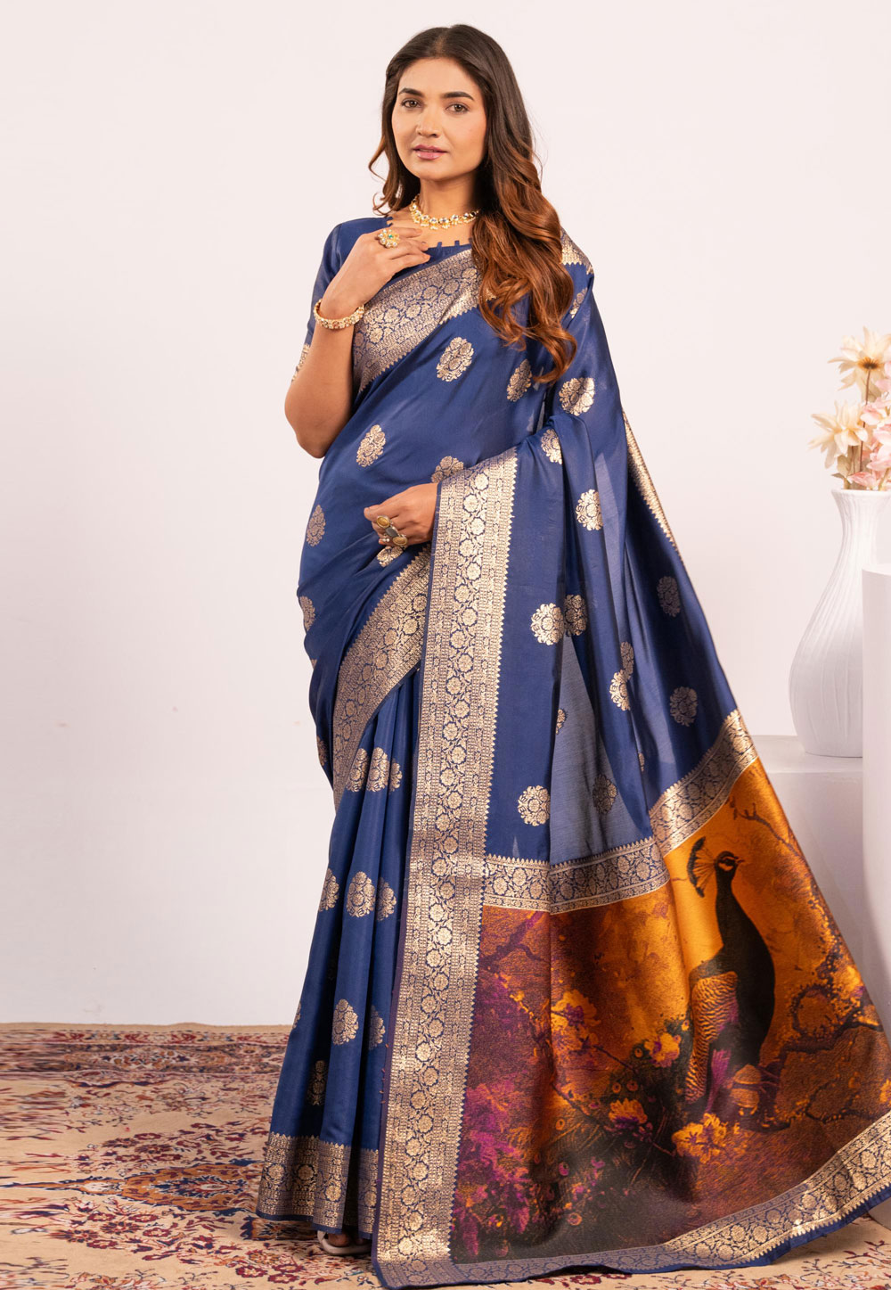 Navy Blue Banarasi Silk Saree With Blouse 322656