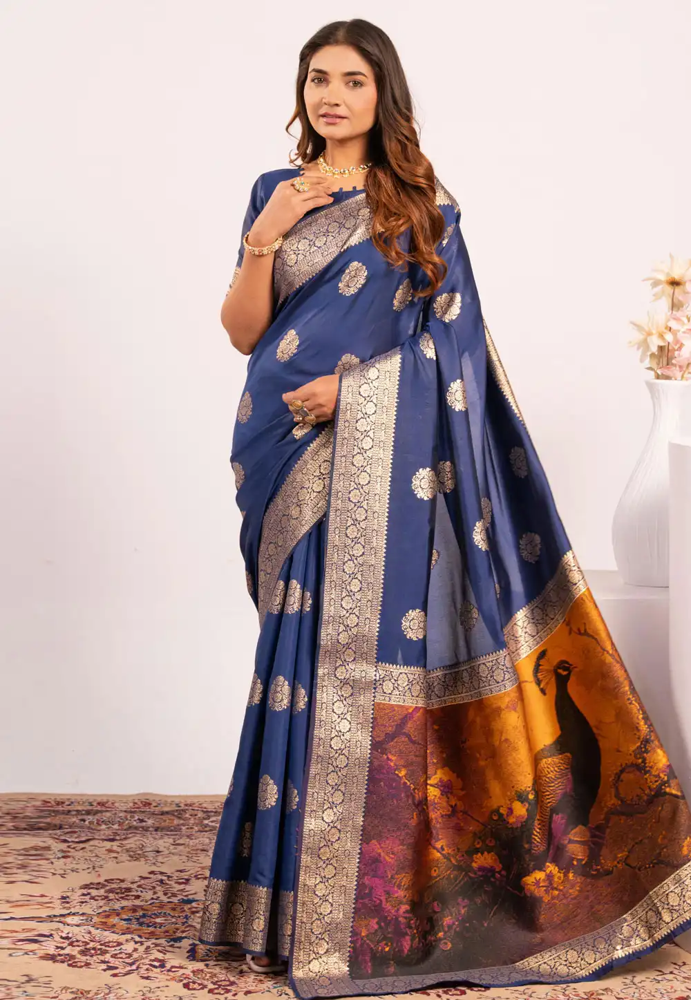 Navy Blue Banarasi Silk Saree With Blouse 322656