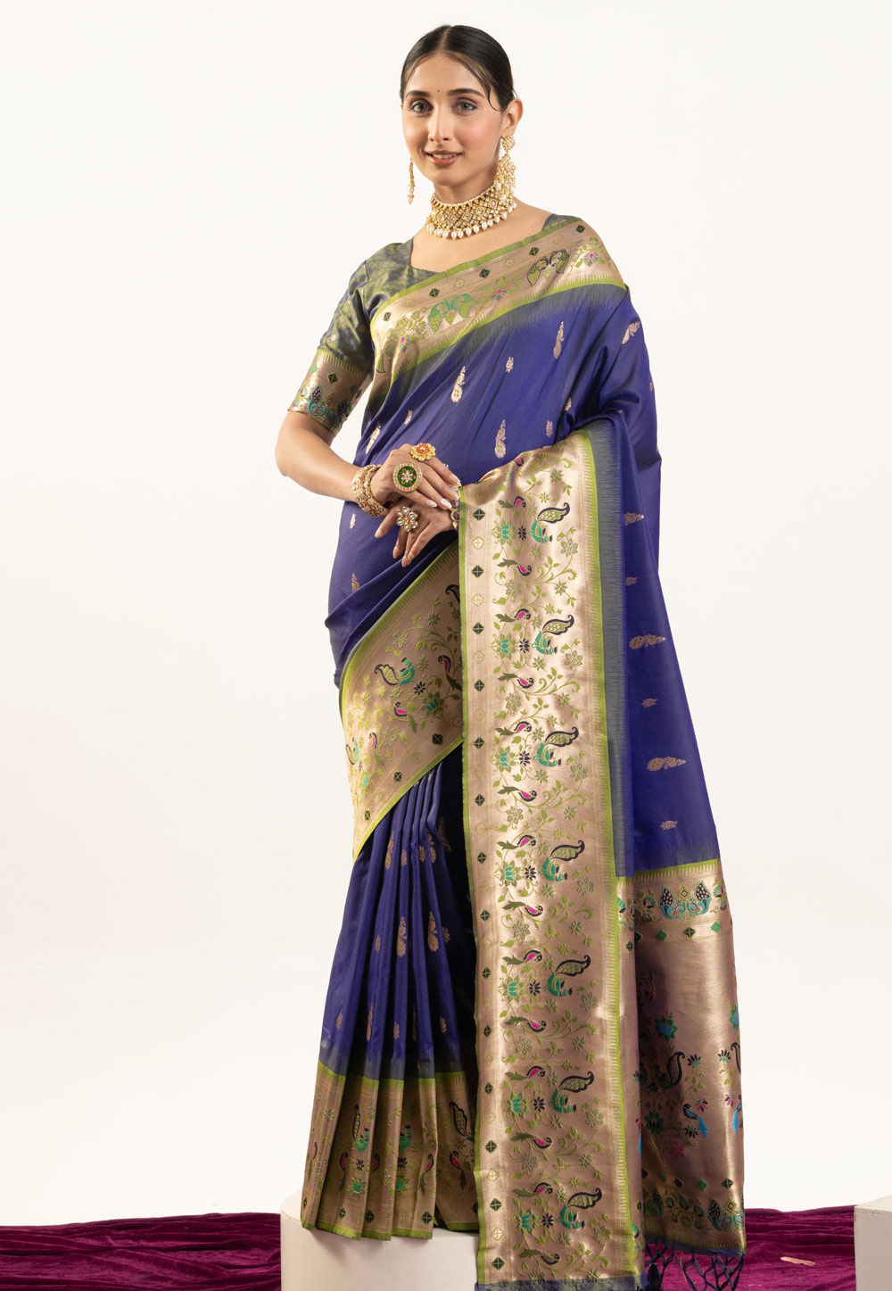 Navy Blue Banarasi Silk Saree With Blouse 326016