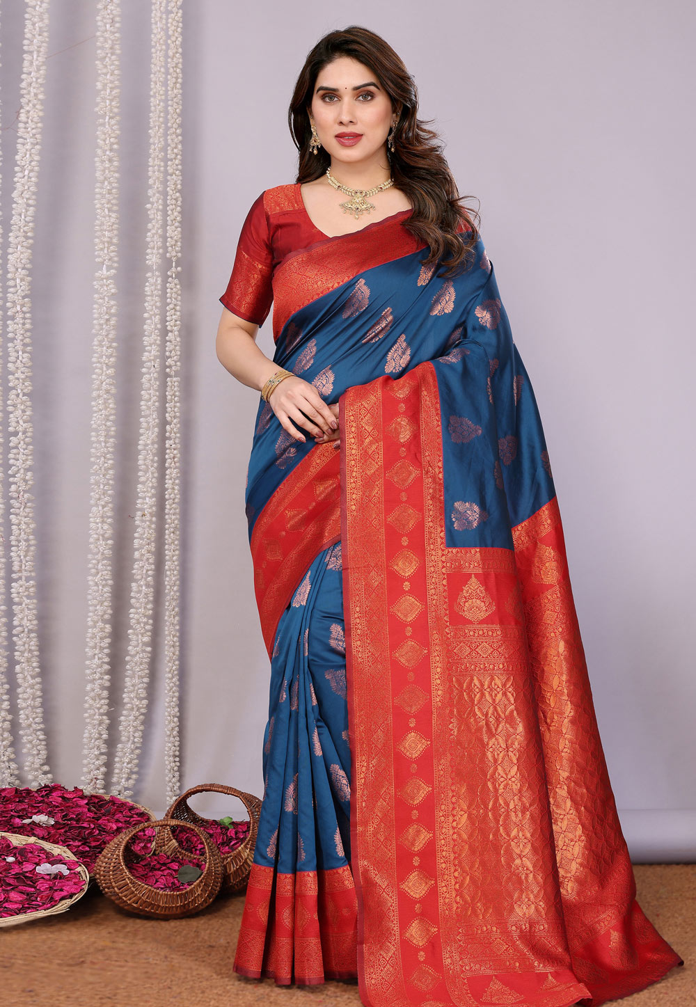 Navy Blue Banarasi Silk Saree With Blouse 311384