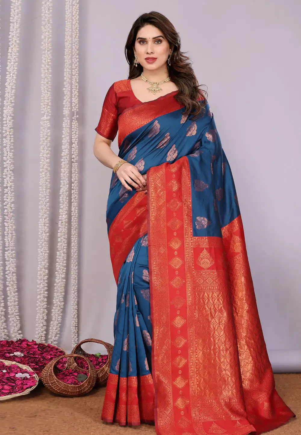 Navy Blue Banarasi Silk Saree With Blouse 311384