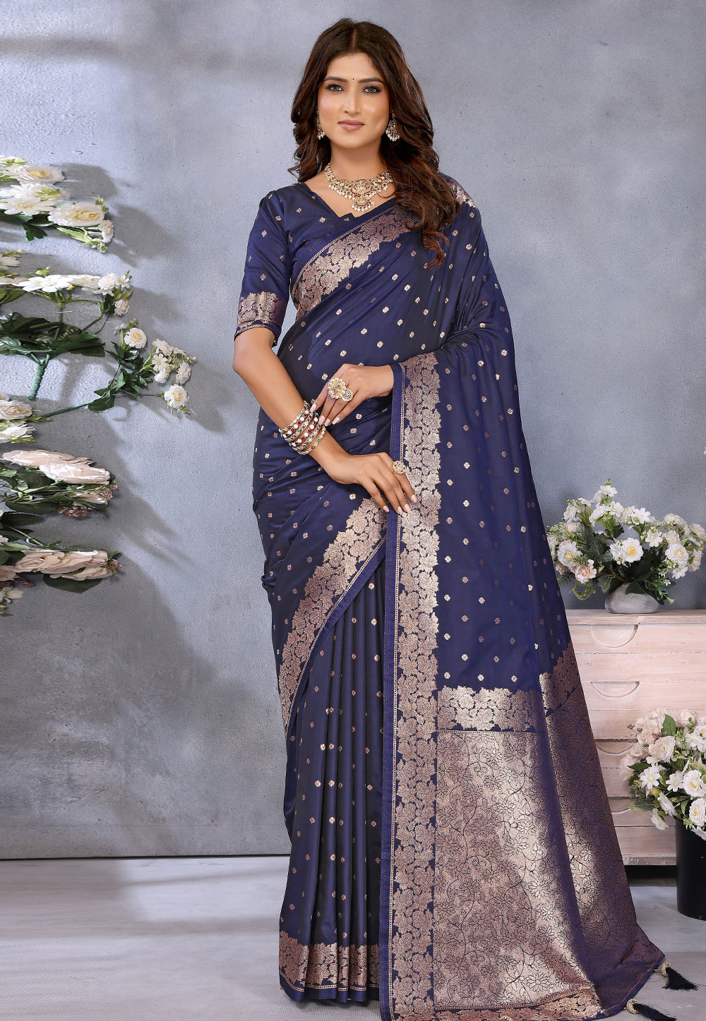 Navy Blue Banarasi Silk Saree With Blouse 311775