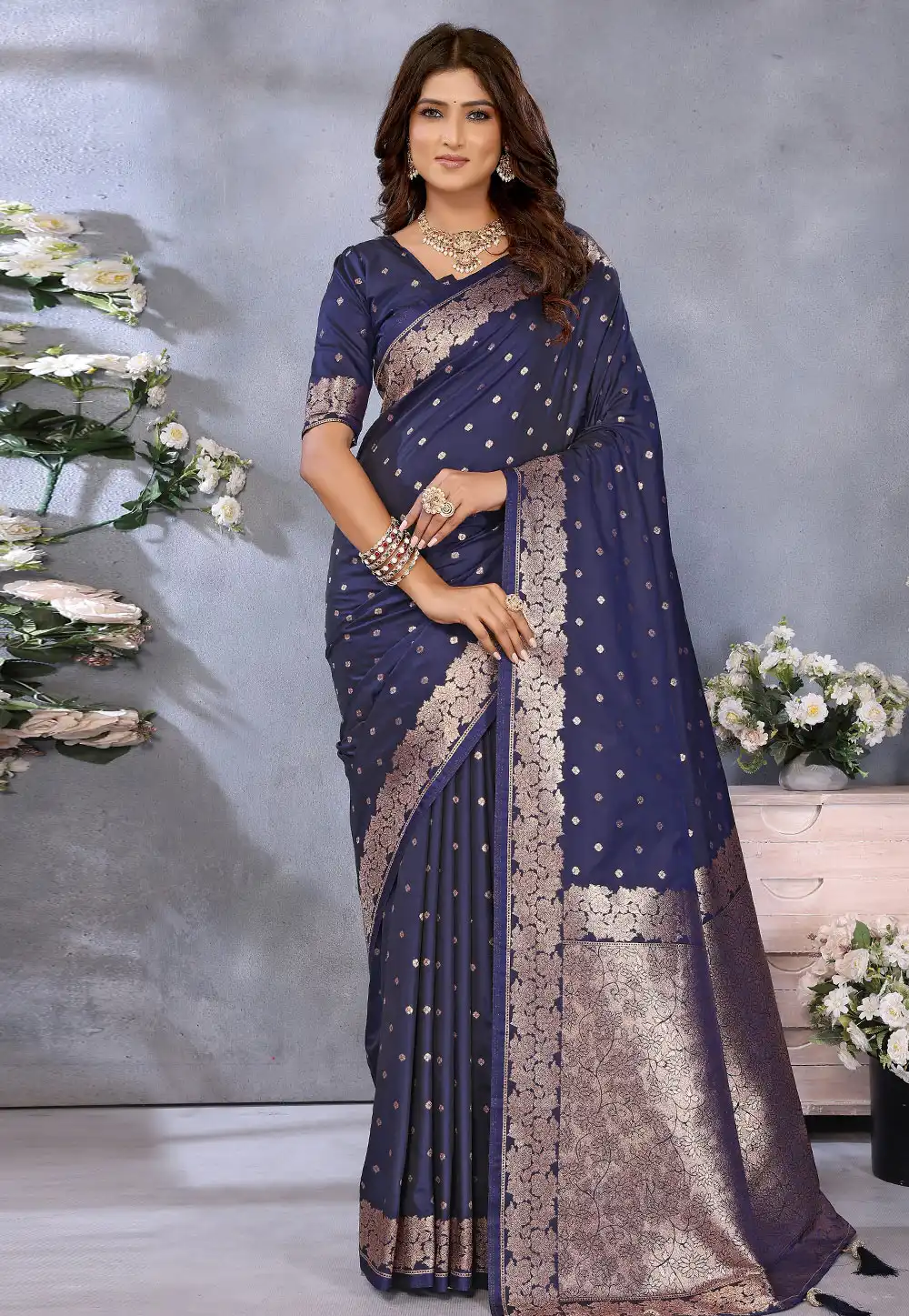Navy Blue Banarasi Silk Saree With Blouse 311775