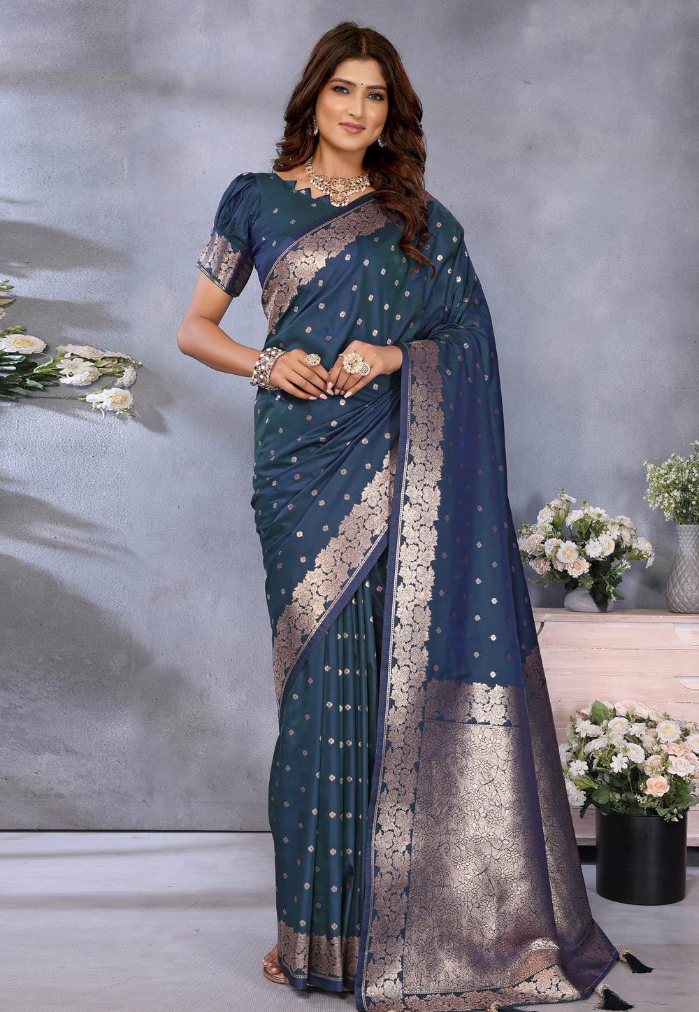 Navy Blue Banarasi Silk Saree With Blouse 311779