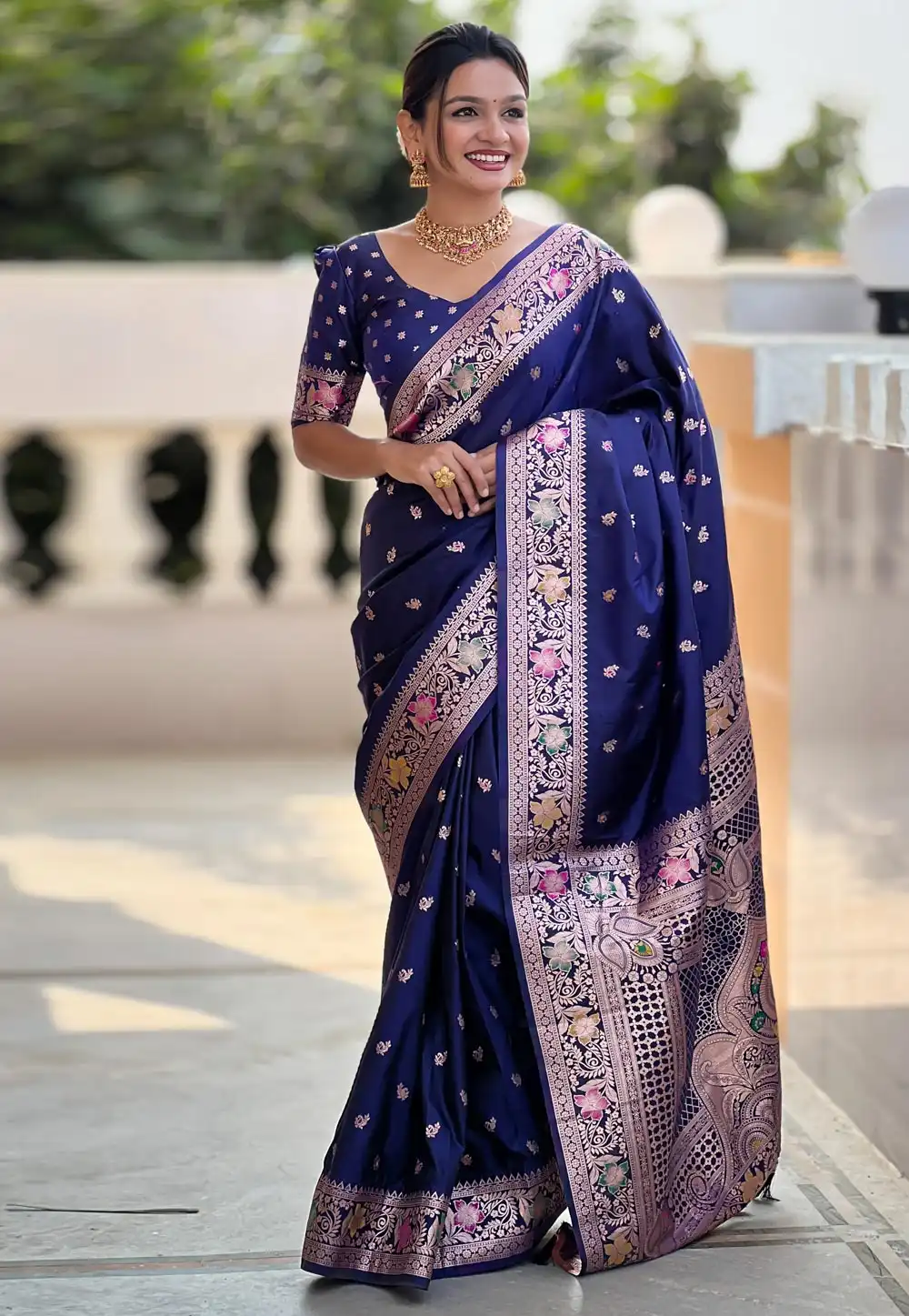 Navy Blue Banarasi Silk Saree With Blouse 305589