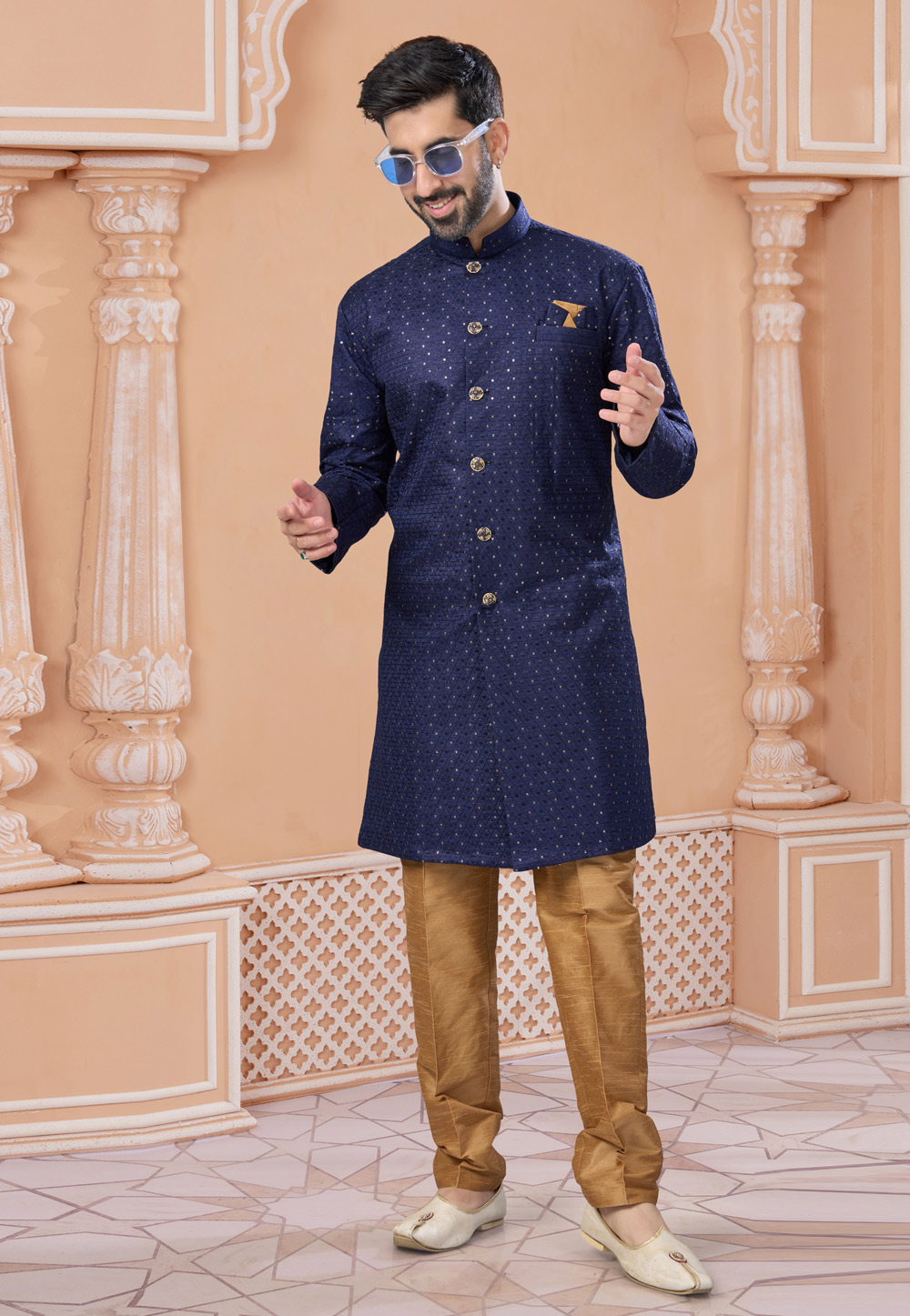 Navy Blue Banglori Silk Indo Western Sherwani 282247