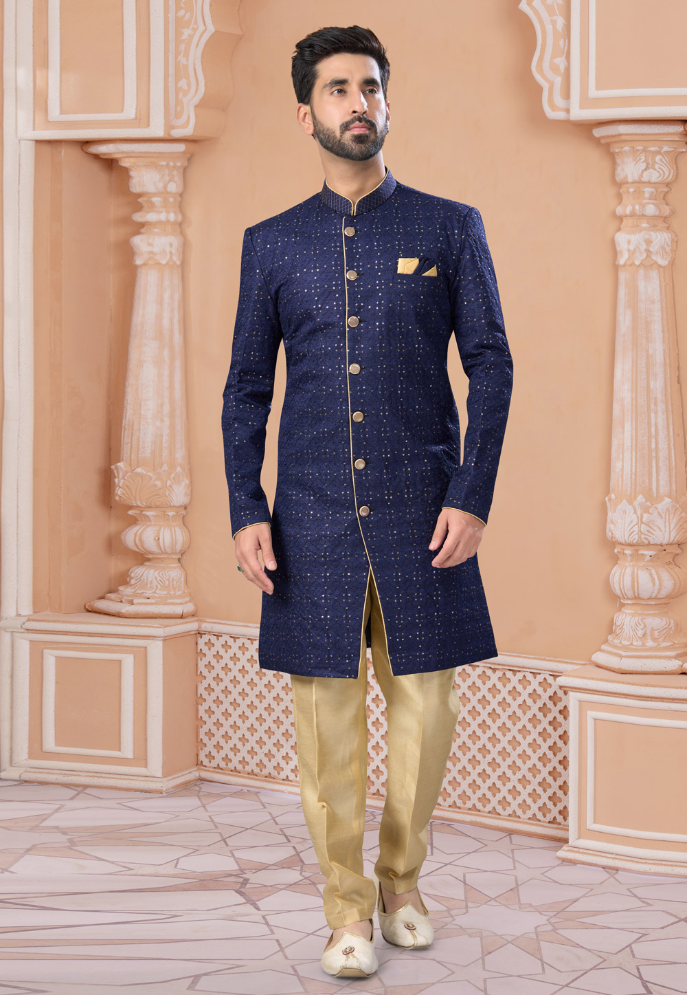 Navy Blue Banglori Silk Indo Western Sherwani 282250