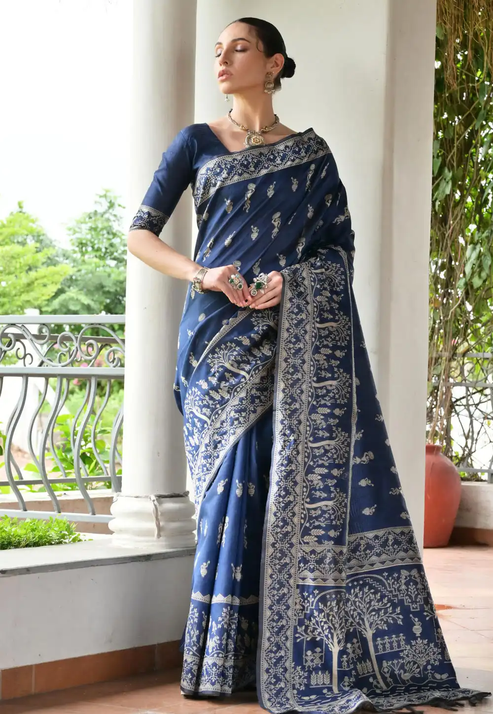 Navy Blue Banglori Silk Saree With Blouse 328736