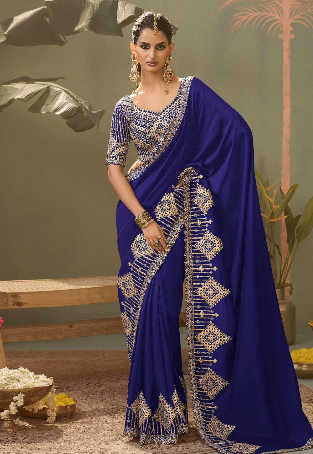 Navy Blue Bemberg Saree With Blouse 320177
